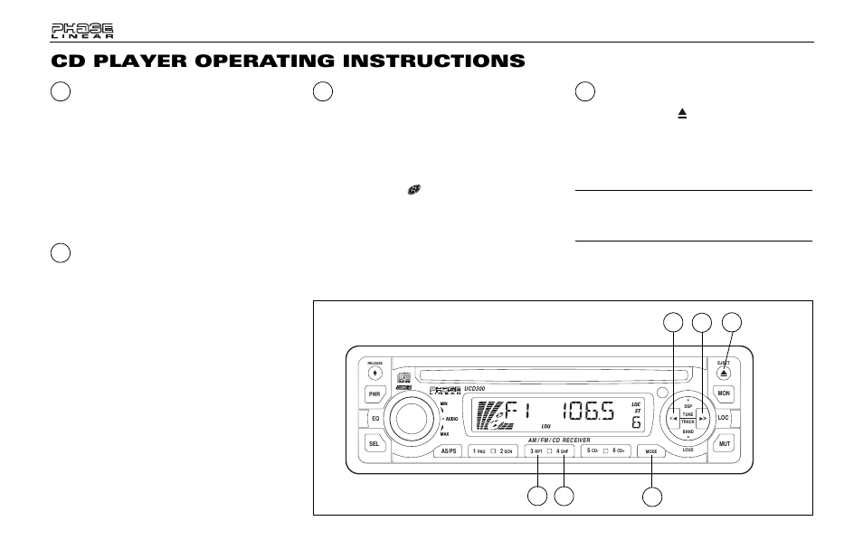 Cd player operating instructions, Track repeat play select (rpt), Random play select (shf) | Mode selector (mode), Disc eject button | Audiovox Jensen Phase Linear UMP400 User Manual | Page 12 / 54