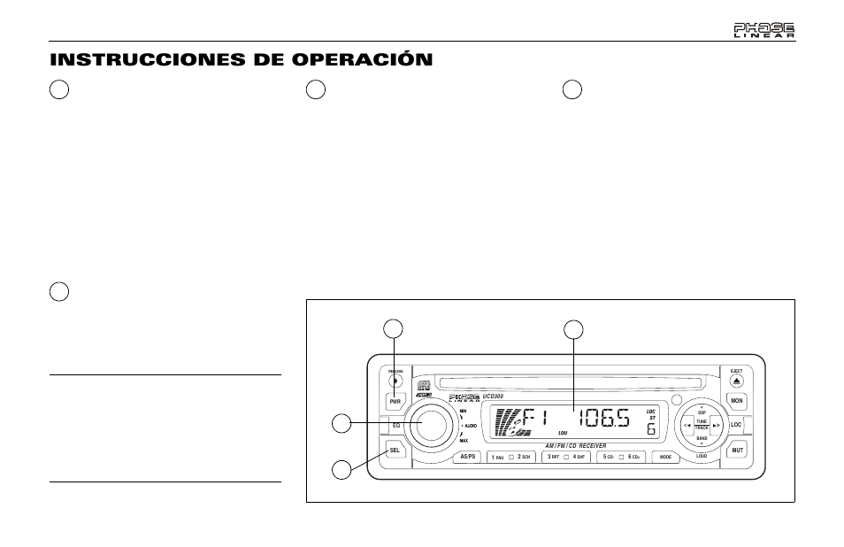 Instrucciones de operación, Botón de encendido / apagado (pwr), Panel con pantalla de cristal líquido | Control de volumen (audio), Botón de selección (sel) | Audiovox Jensen Phase Linear UMP400 User Manual | Page 25 / 54