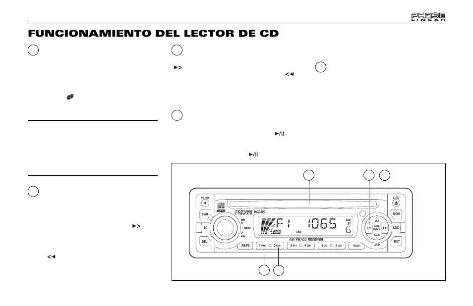 Funcionamiento del lector de cd, Ranura para disco, Selector de pista (tune/ track) | Audiovox Jensen Phase Linear UMP400 User Manual | Page 29 / 54