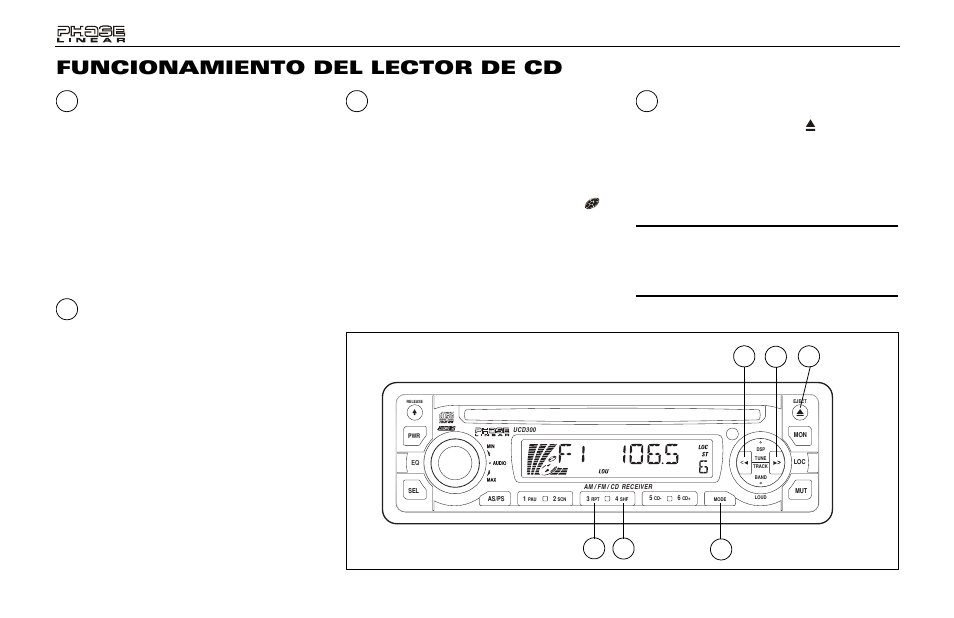 Funcionamiento del lector de cd, Selector de repetición (rpt), Selector de reproducción aleatoria (shf) | Selector de modo (mode), Botón de expulsión de disco | Audiovox Jensen Phase Linear UMP400 User Manual | Page 30 / 54