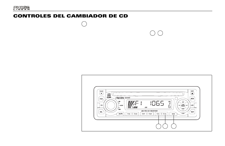 Controles del cambiador de cd, Selector de modo del cambiador de cd (mode), Selector de disco (5cd-/ 6cd+) | Audiovox Jensen Phase Linear UMP400 User Manual | Page 32 / 54