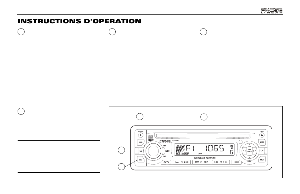 Instructions d'operation, Bouton de puissance en marche/en arrêt (pwr), Le panneau d'affichage à cristaux liquides | Contrôle du volume (audio), Le bouton sel | Audiovox Jensen Phase Linear UMP400 User Manual | Page 43 / 54