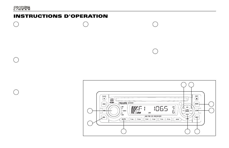 Instructions d'operation, Contrôle de basse, Contrôle d'aigu | Contrôle balance gauche/ droite, Contrôle équilibreur avant/ arrière, Bip audible, Sélectionneur de bande am/fm (band) | Audiovox Jensen Phase Linear UMP400 User Manual | Page 44 / 54