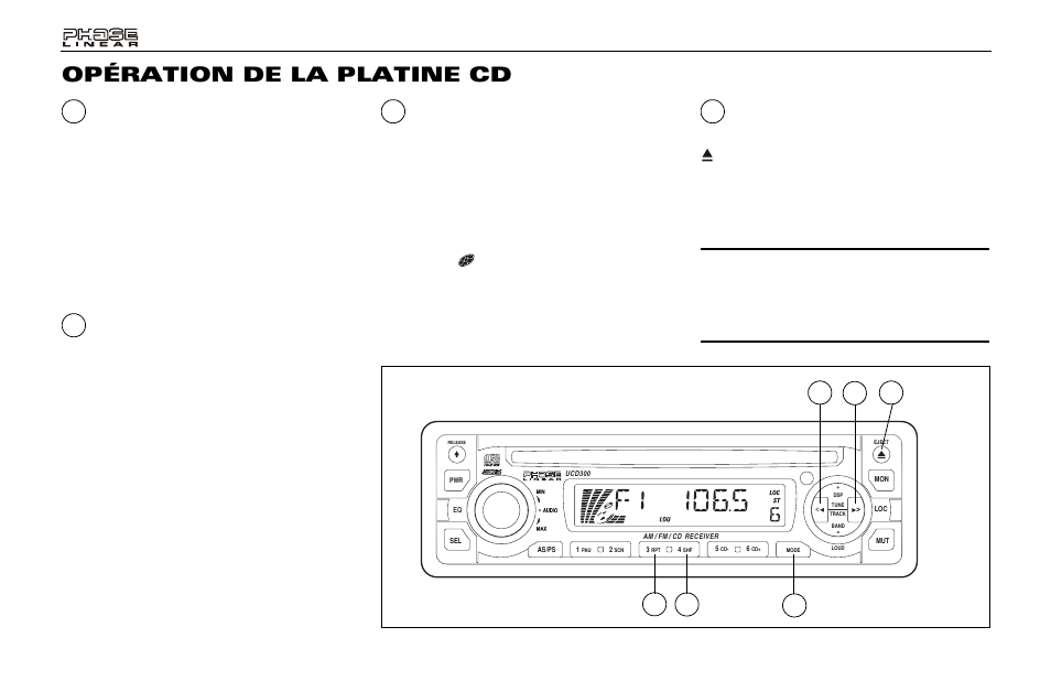 Opération de la platine cd, Sélection répétition de piste (rpt), Sélection du jeu au hasard (shf) | Sélectionneur de mode (mode), Bouton d'éjection du disque | Audiovox Jensen Phase Linear UMP400 User Manual | Page 48 / 54