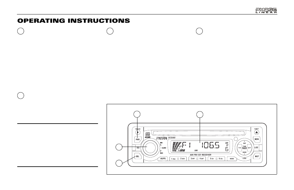 Operating instructions, Power on/off button (pwr), Liquid crystal display panel | Volume control (audio), Select button (sel) | Audiovox Jensen Phase Linear UMP400 User Manual | Page 7 / 54