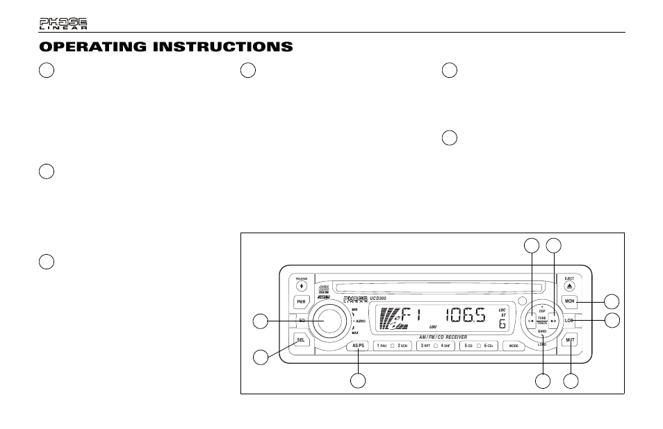 Operating instructions, Bass control, Treble control | Left/right balance control, Front/rear fader control, Audible beep, Am/fm band selector (band) | Audiovox Jensen Phase Linear UMP400 User Manual | Page 8 / 54