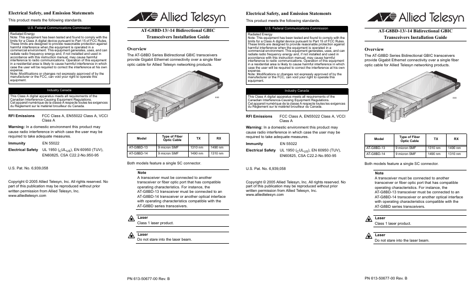 Allied Telesis AT-G8BD-13/-14 Bidirectional GBIC User Manual | 2 pages