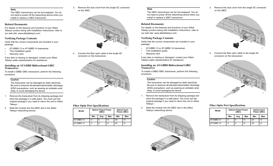 Related documents, Verifying package contents, Fiber optic port specifications | Allied Telesis AT-G8BD-13/-14 Bidirectional GBIC User Manual | Page 2 / 2