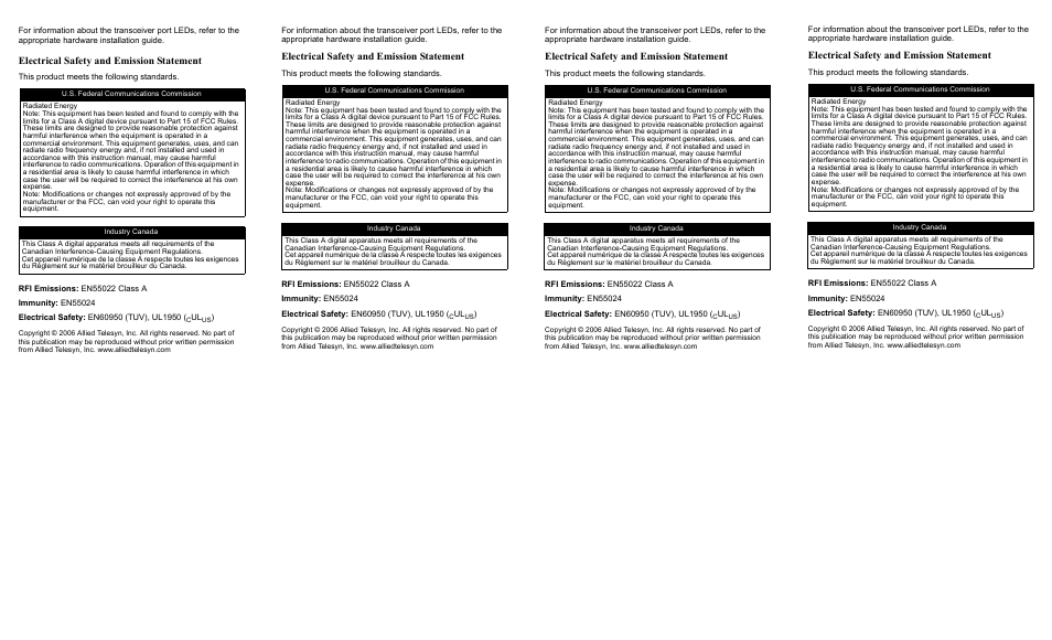 U.s. federal communications commission, Industry canada, Electrical safety and emission statement | Allied Telesis AT-G8T GBIC User Manual | Page 2 / 2