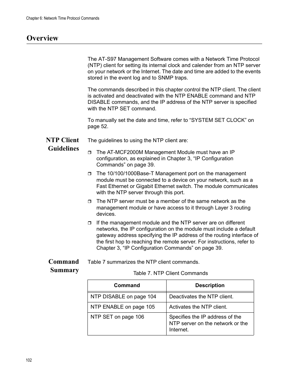 Overview, Ntp client guidelines, Command summary | Ntp client guidelines command summary, Table 7: ntp client commands | Allied Telesis AT-S97 User Manual | Page 102 / 218