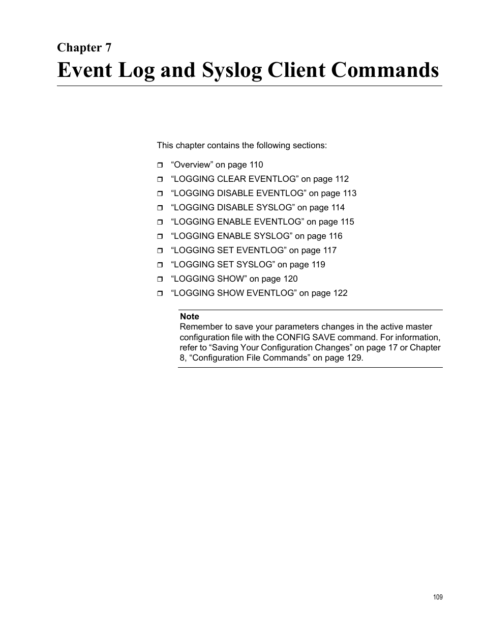 Chapter 7, Event log and syslog client commands, R 7: event log and syslog client commands | Allied Telesis AT-S97 User Manual | Page 109 / 218