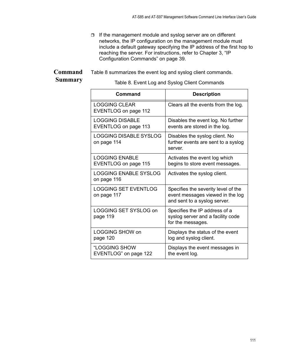 Command summary, Table 8: event log and syslog client commands | Allied Telesis AT-S97 User Manual | Page 111 / 218