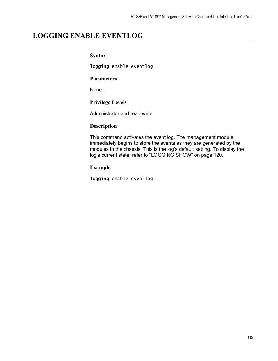 Logging enable eventlog | Allied Telesis AT-S97 User Manual | Page 115 / 218