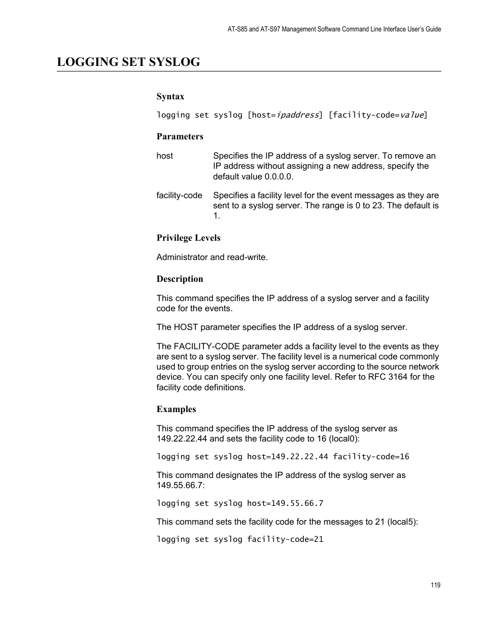 Logging set syslog | Allied Telesis AT-S97 User Manual | Page 119 / 218