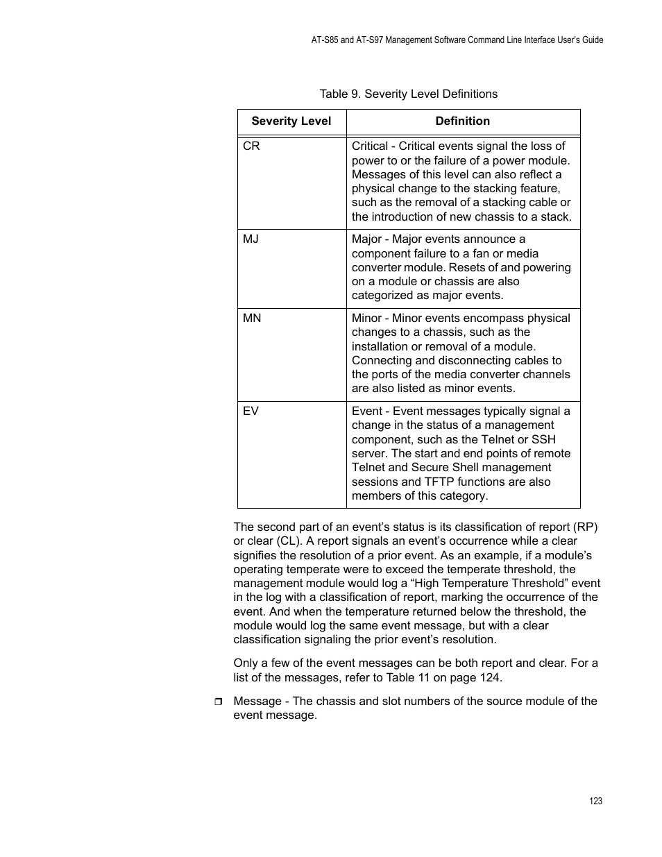 Table 9: severity level definitions | Allied Telesis AT-S97 User Manual | Page 123 / 218