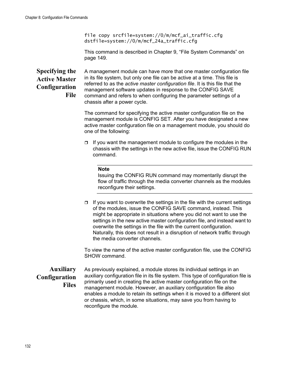 Specifying the active master configuration file, Auxiliary configuration files | Allied Telesis AT-S97 User Manual | Page 132 / 218