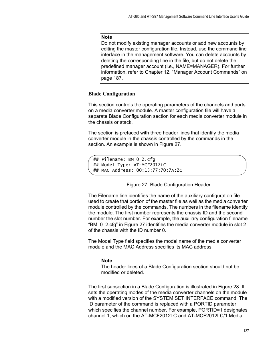 Figure 27: blade configuration header | Allied Telesis AT-S97 User Manual | Page 137 / 218