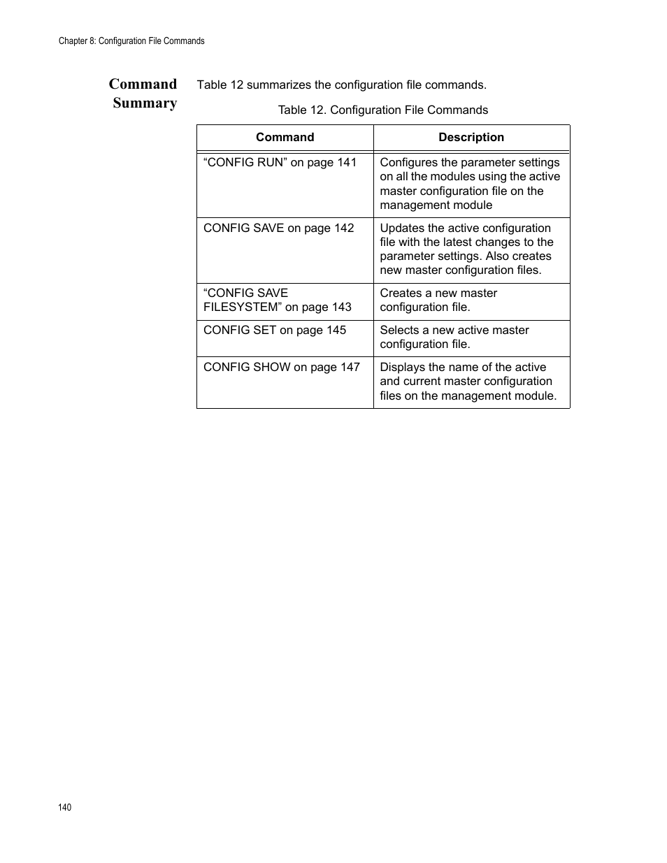 Command summary, Table 12: configuration file commands | Allied Telesis AT-S97 User Manual | Page 140 / 218