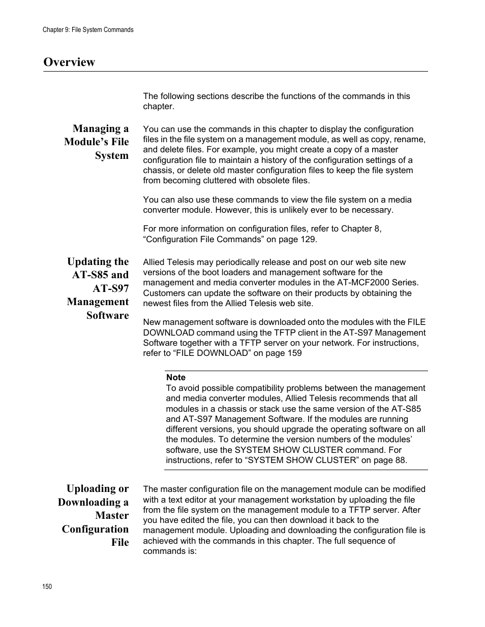 Overview, Managing a module’s file system, Updating the at-s85 and at-s97 management software | Allied Telesis AT-S97 User Manual | Page 150 / 218