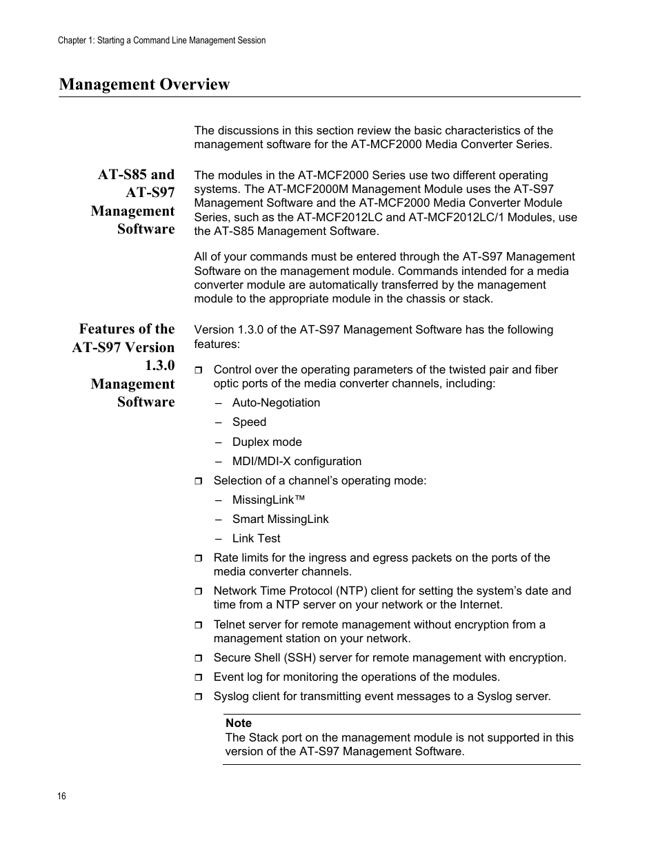 Management overview, At-s85 and at-s97 management software | Allied Telesis AT-S97 User Manual | Page 16 / 218