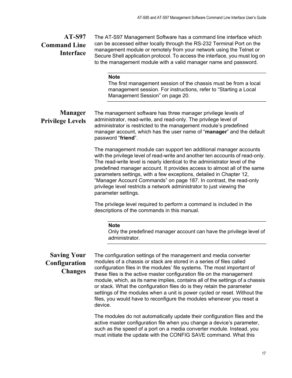 At-s97 command line interface, Manager privilege levels, Saving your configuration changes | Allied Telesis AT-S97 User Manual | Page 17 / 218