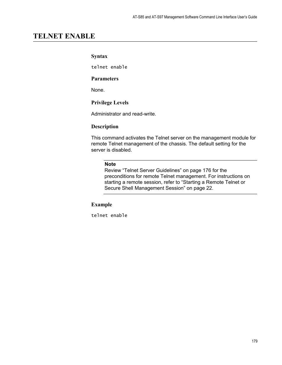 Telnet enable | Allied Telesis AT-S97 User Manual | Page 179 / 218