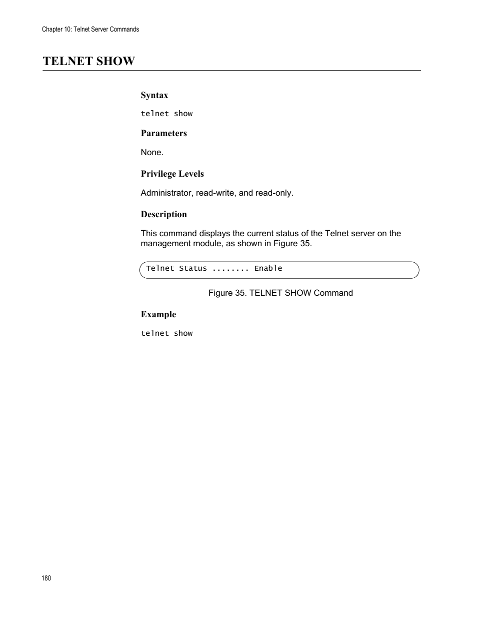 Telnet show, Figure 35: telnet show command | Allied Telesis AT-S97 User Manual | Page 180 / 218