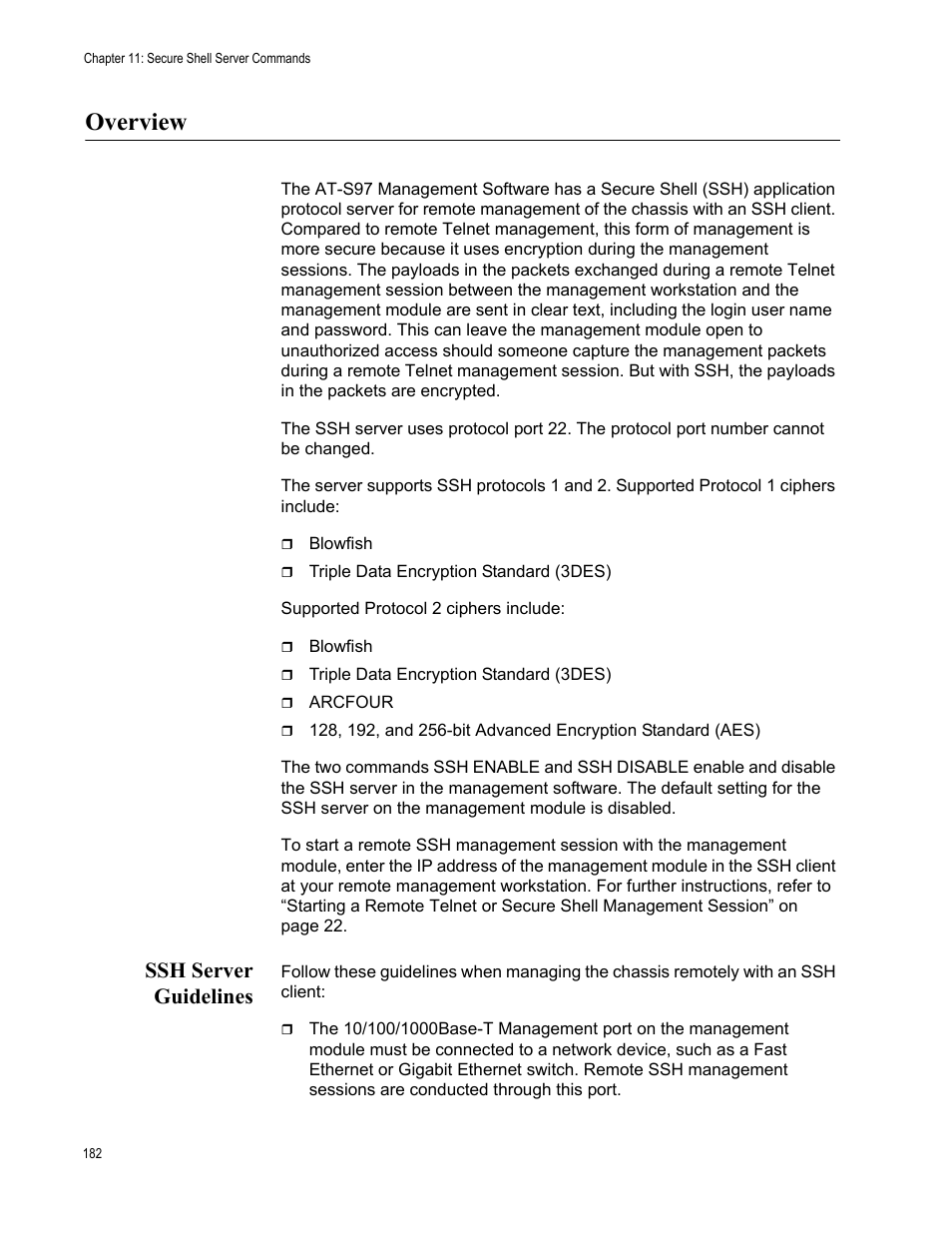 Overview, Ssh server guidelines | Allied Telesis AT-S97 User Manual | Page 182 / 218