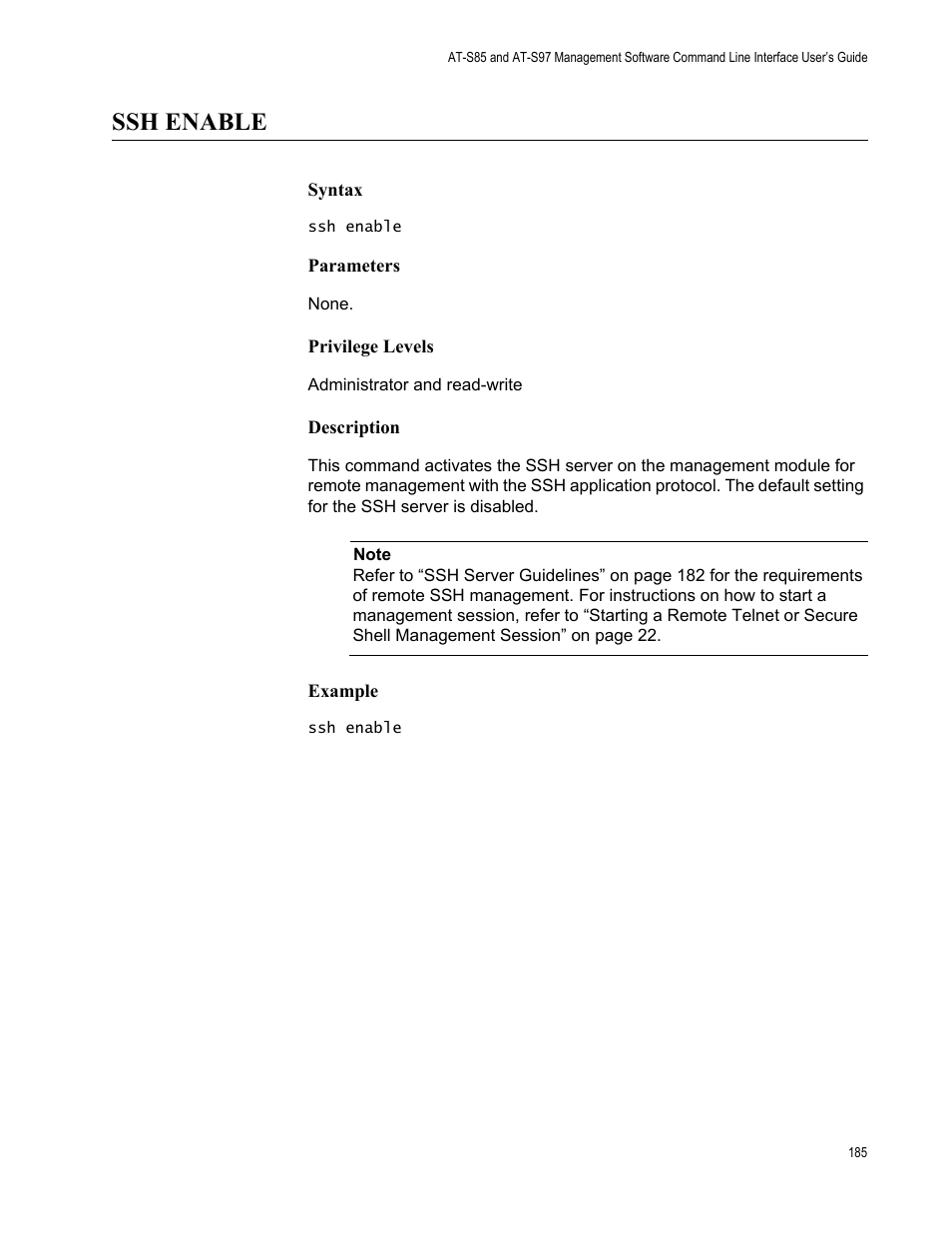 Ssh enable | Allied Telesis AT-S97 User Manual | Page 185 / 218