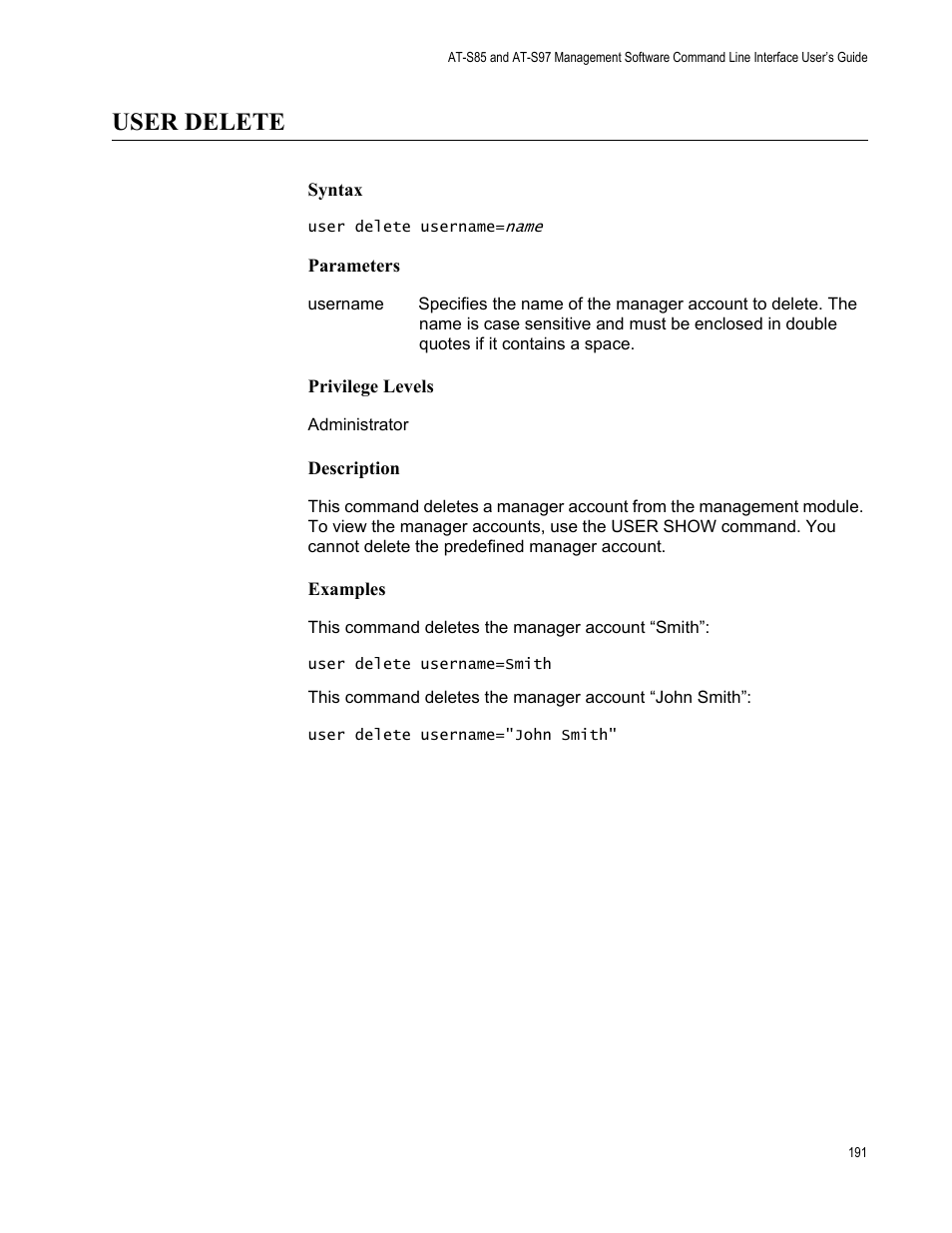 User delete | Allied Telesis AT-S97 User Manual | Page 191 / 218