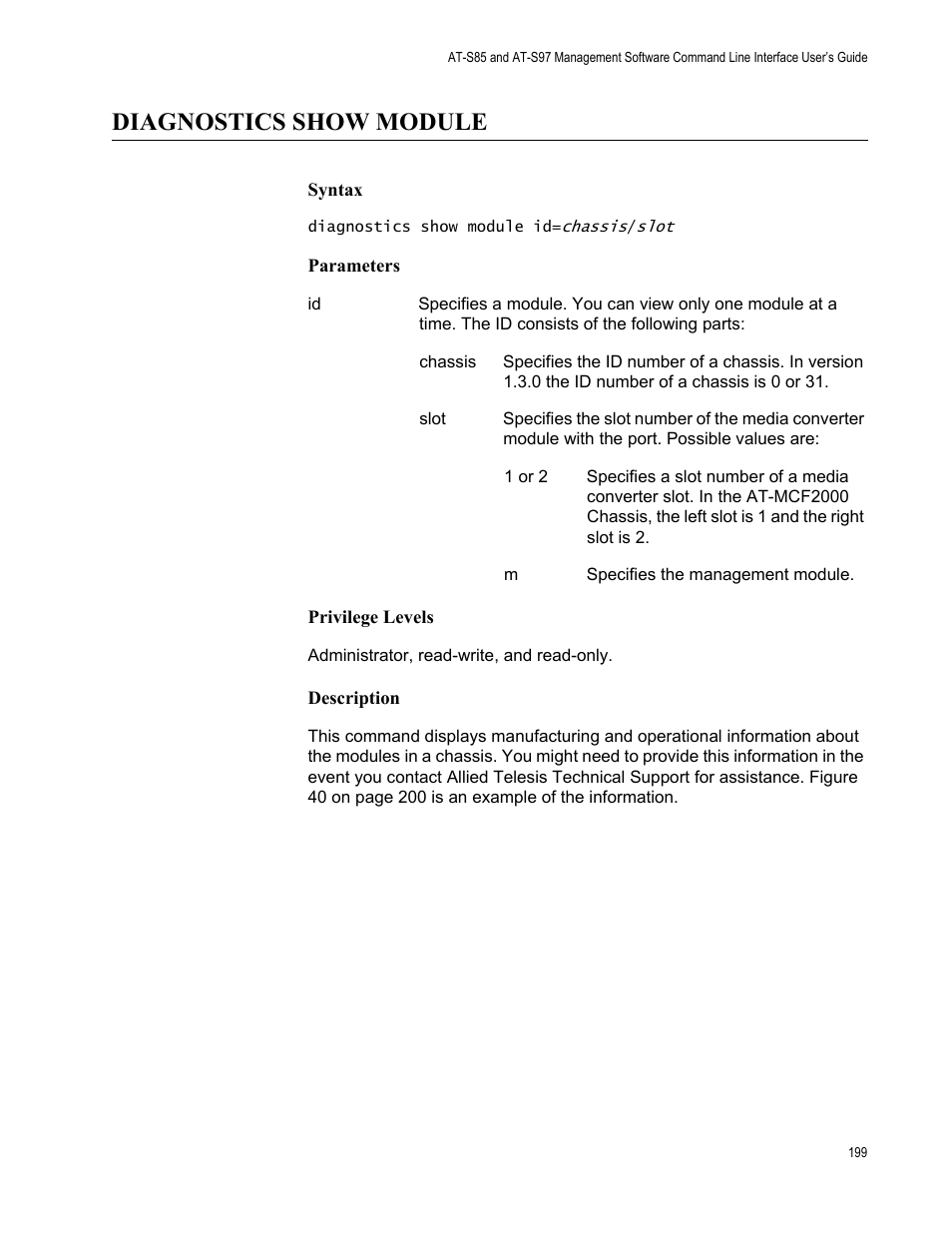 Diagnostics show module | Allied Telesis AT-S97 User Manual | Page 199 / 218