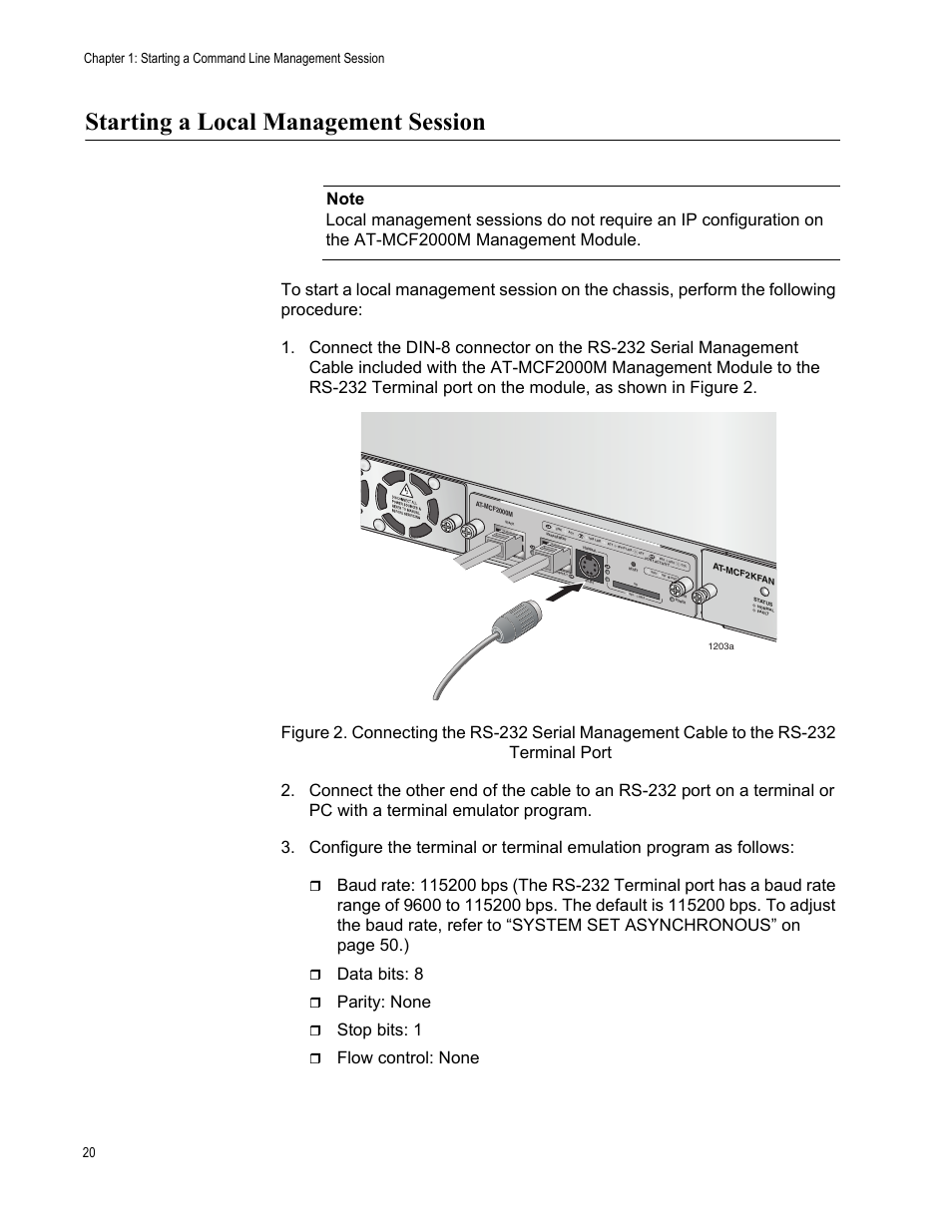 Starting a local management session, Data bits: 8, Parity: none | Stop bits: 1, Flow control: none | Allied Telesis AT-S97 User Manual | Page 20 / 218