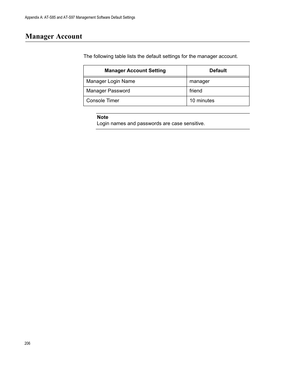 Manager account | Allied Telesis AT-S97 User Manual | Page 206 / 218
