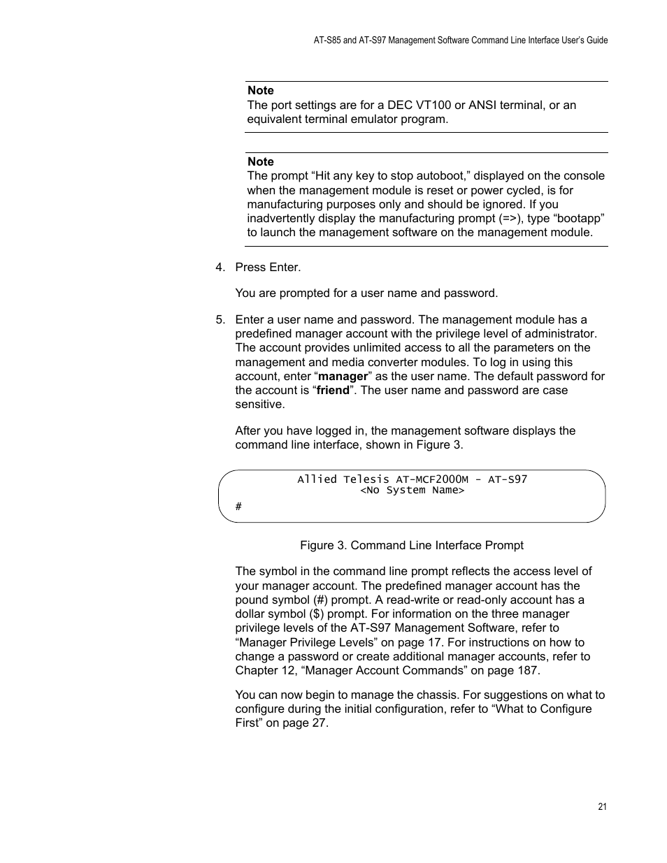 Figure 3: command line interface prompt | Allied Telesis AT-S97 User Manual | Page 21 / 218