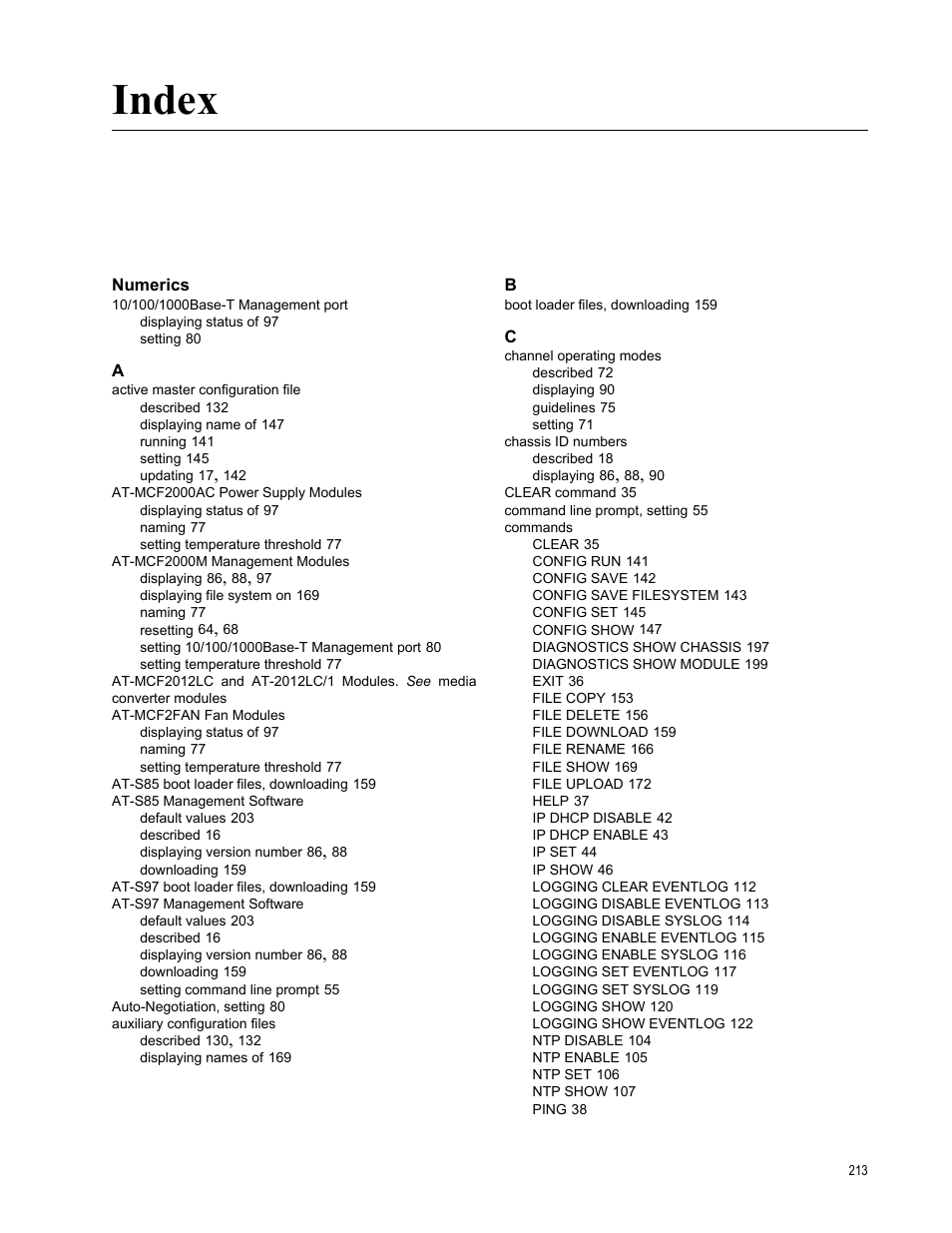 Index, Numerics | Allied Telesis AT-S97 User Manual | Page 213 / 218