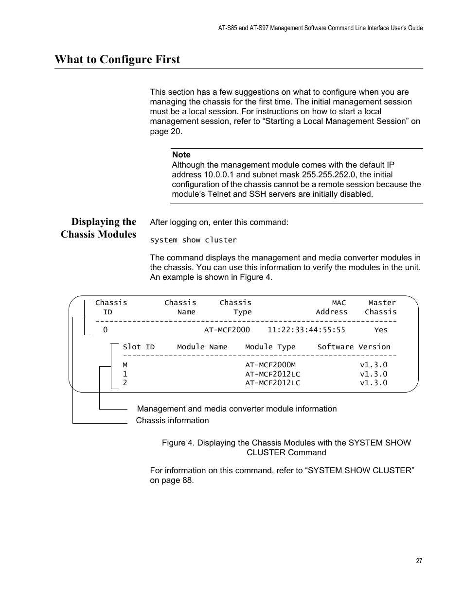 What to configure first, Displaying the chassis modules | Allied Telesis AT-S97 User Manual | Page 27 / 218