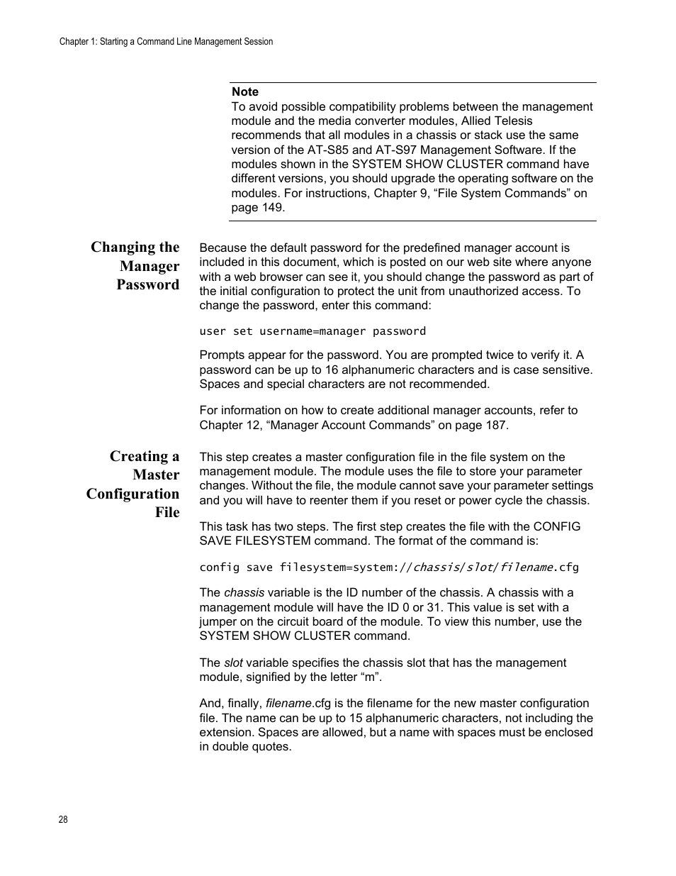 Changing the manager password, Creating a master configuration file | Allied Telesis AT-S97 User Manual | Page 28 / 218