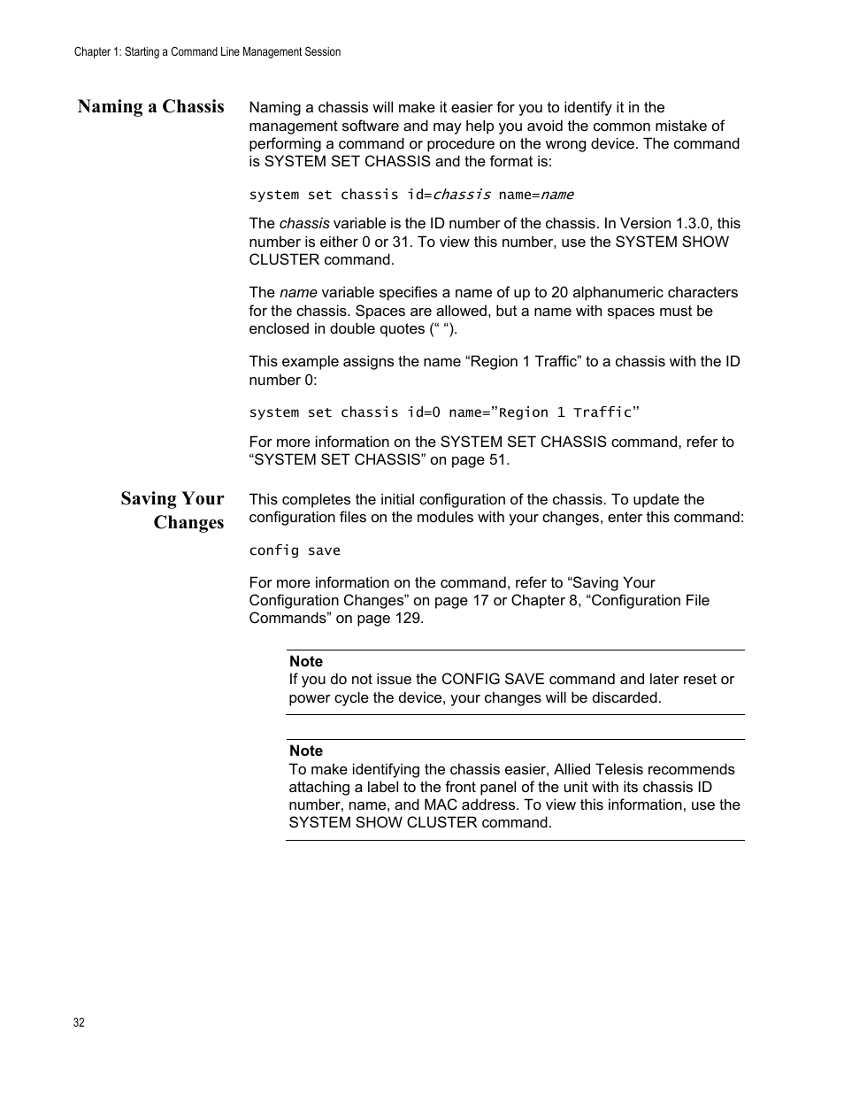 Naming a chassis, Saving your changes, Naming a chassis saving your changes | Allied Telesis AT-S97 User Manual | Page 32 / 218