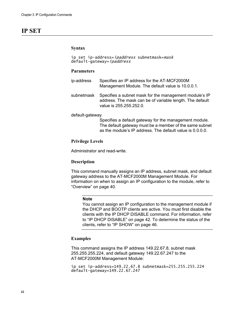 Ip set | Allied Telesis AT-S97 User Manual | Page 44 / 218