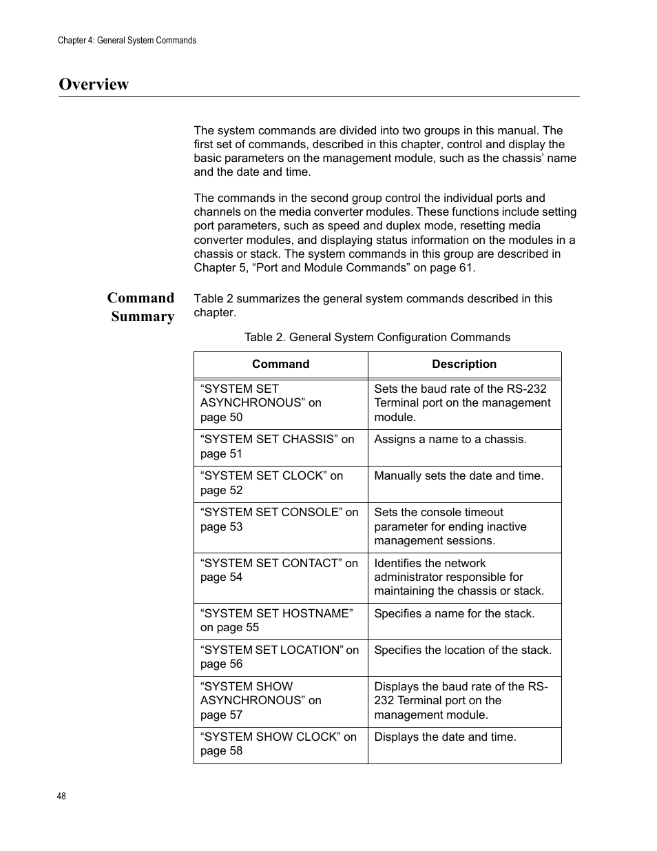 Overview, Command summary, Table 2: general system configuration commands | Allied Telesis AT-S97 User Manual | Page 48 / 218