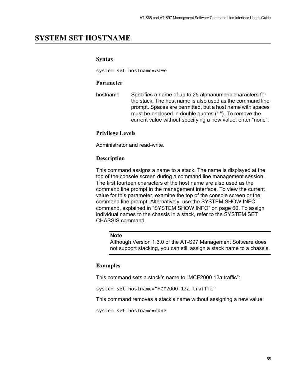 System set hostname | Allied Telesis AT-S97 User Manual | Page 55 / 218