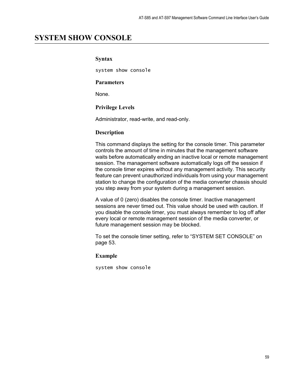 System show console | Allied Telesis AT-S97 User Manual | Page 59 / 218