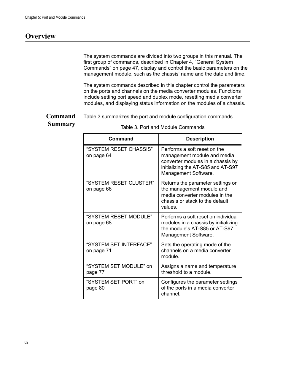 Overview, Command summary, Table 3: port and module commands | Allied Telesis AT-S97 User Manual | Page 62 / 218