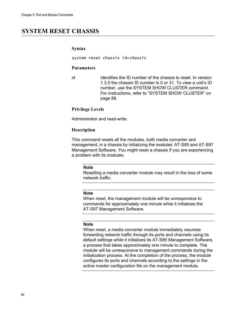 System reset chassis | Allied Telesis AT-S97 User Manual | Page 64 / 218