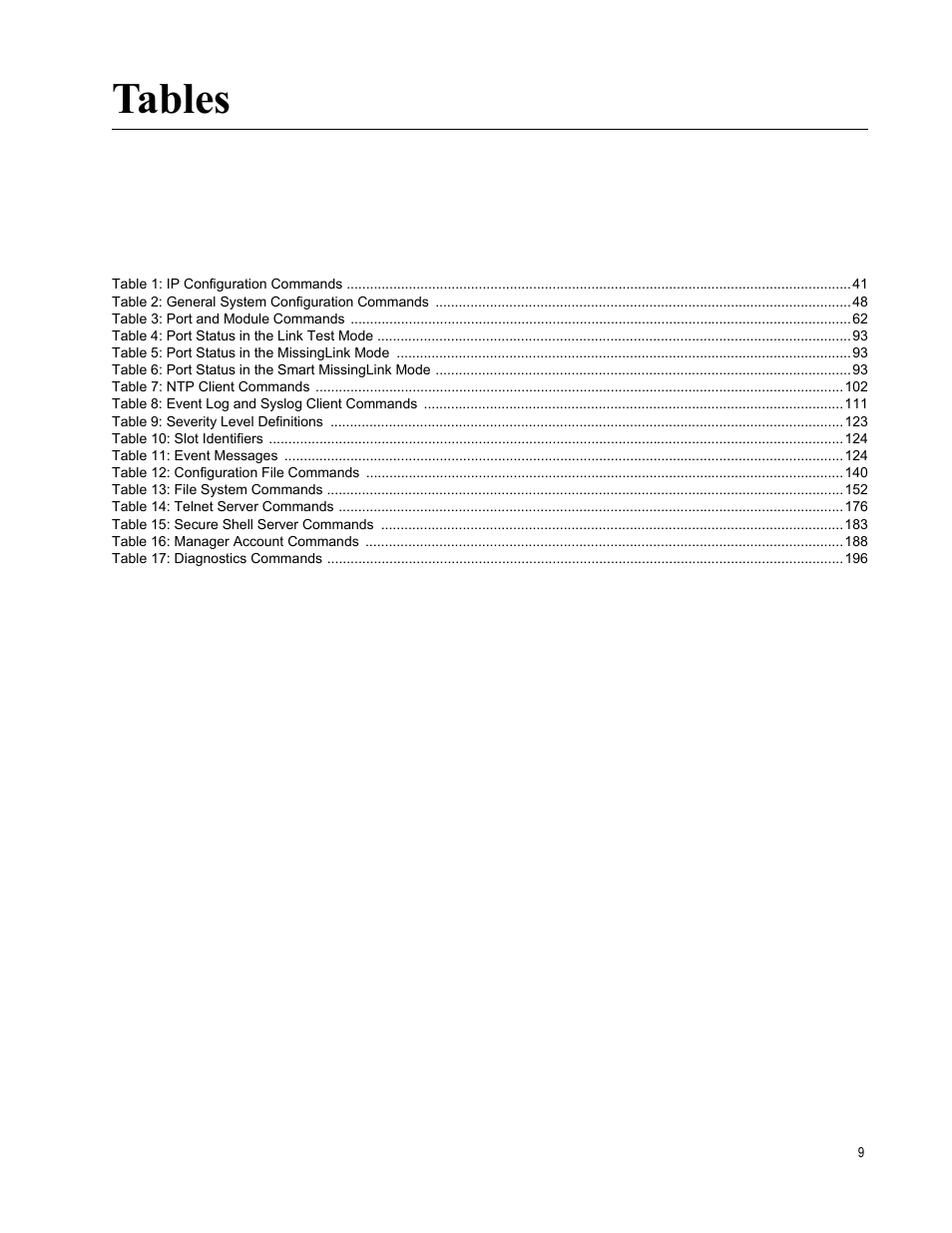 Tables | Allied Telesis AT-S97 User Manual | Page 9 / 218