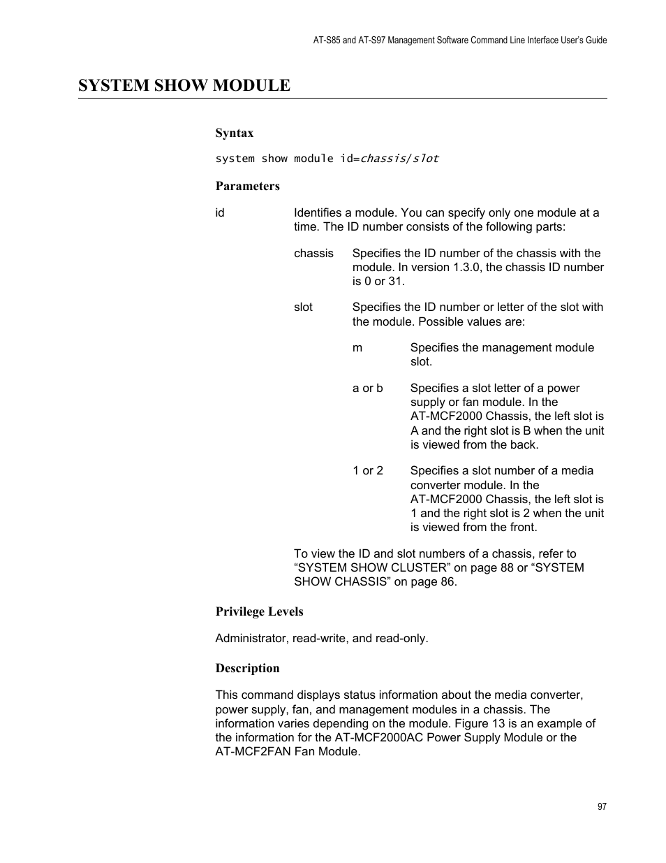 System show module | Allied Telesis AT-S97 User Manual | Page 97 / 218