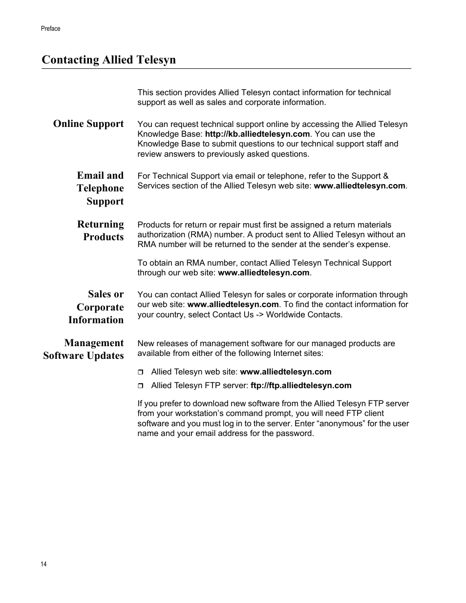 Contacting allied telesyn, Online support, Email and telephone support | Returning products, Sales or corporate information, Management software updates | Allied Telesis AT-GS900/8E User Manual | Page 14 / 76