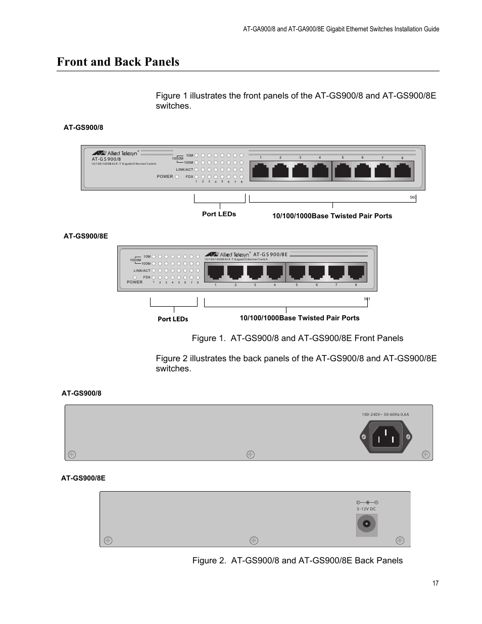 Front and back panels, At-gs900/8, At-gs900/8e | Port leds | Allied Telesis AT-GS900/8E User Manual | Page 17 / 76