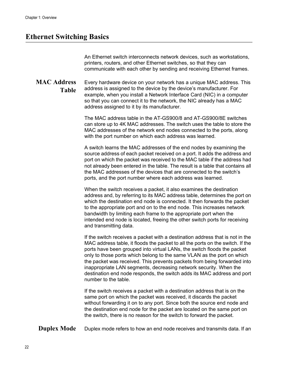 Ethernet switching basics, Mac address table, Duplex mode | Mac address table duplex mode | Allied Telesis AT-GS900/8E User Manual | Page 22 / 76