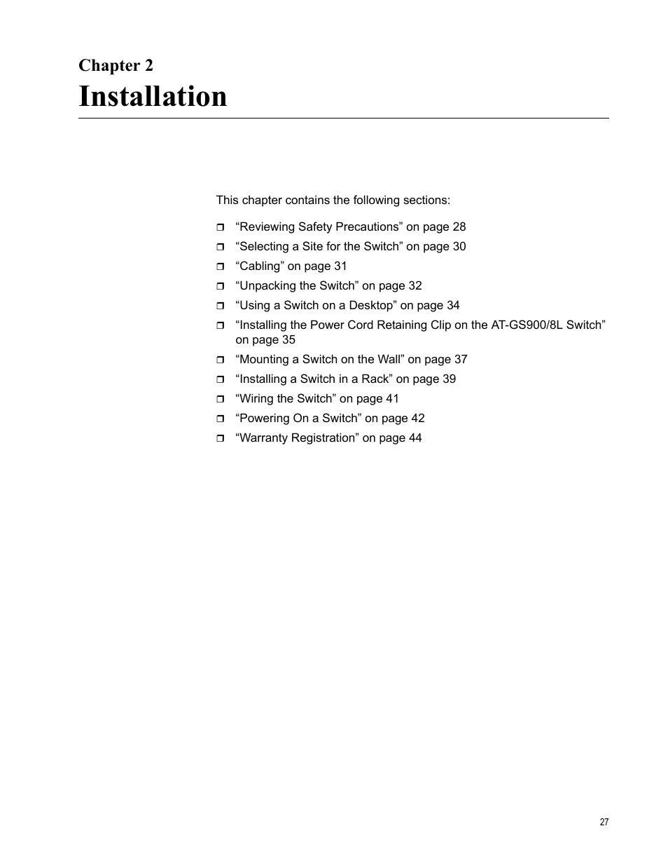 Chapter 2, Installation, R 2: installation | Allied Telesis AT-GS900/8E User Manual | Page 27 / 76